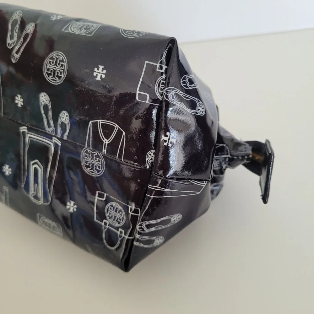 Tory Burch Navy Blue Patent Illustrative Print Cosmetic Bag Makeup Case Gold Log